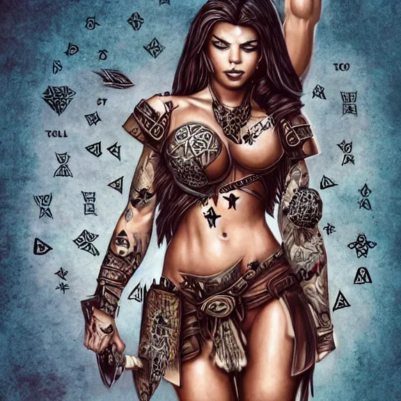 Image similar to Adriana Chechik as a female warrior, body covered in floral tattoos and wicca runes , D&D, fantasy, highly detailed, digital art, trending on artstation, smooth, sharp focus, illustration, art by artgem and Rober Hynes