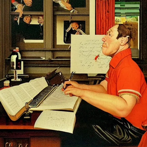 Prompt: a finely detailed painting of chimpanzee typing at a typewriter - there is a bottle of bourbon on the desk and a smouldering cigarette in the ashtray. In the style of norman rockwell