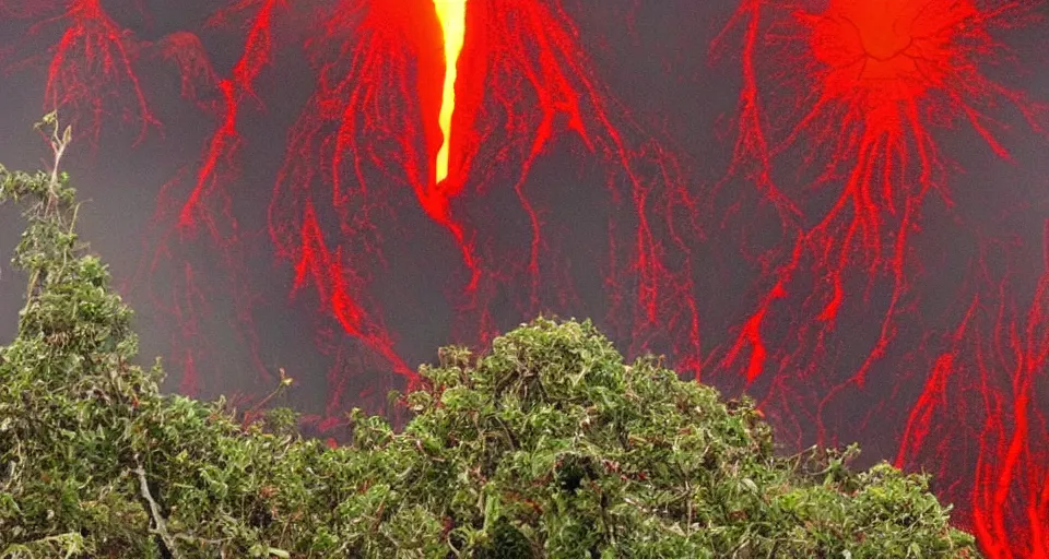 Image similar to a volcano made of ivory vines and crimson rocks enters in eruption, it spits a smoke in the shape of demonic eye, by burns jim