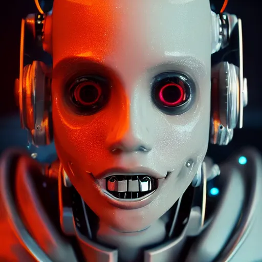 Image similar to portrait of a robot that is a soundcloud robot full of face tattoos and grills in its teeth, stunning photo, cinematic lighting, perfect composition, 8K, ultra-detailed , Trending on artstation, Octane render, Unreal Engine, highly detailed