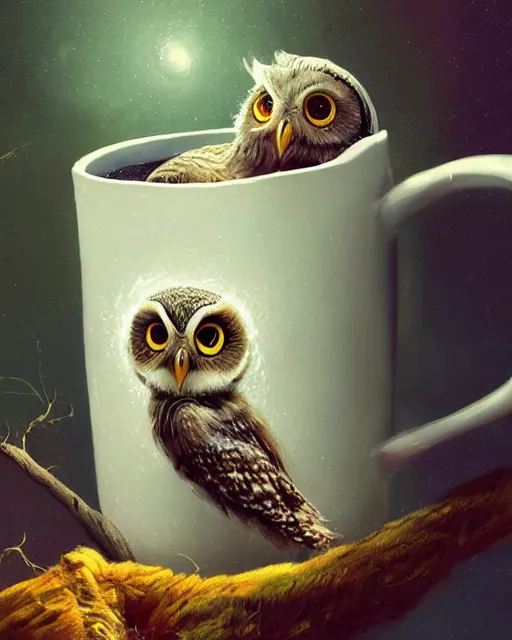 Image similar to long shot of a very cute owl chick nesting in a futuristic mug, esao andrews, humorous illustration, hyperrealistic, big depth of field, warm colors, night scenery, low light, 3 d octane render, 4 k, concept art, hyperdetailed, hyperrealistic, trending on artstation