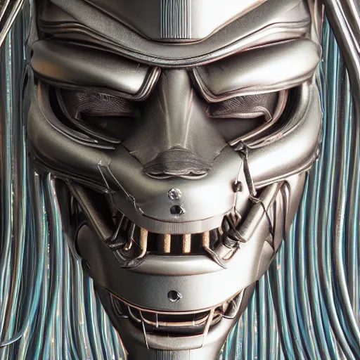 Image similar to a close up of a mask on a table, cyberpunk art by Giger, zbrush central contest winner, afrofuturism, made of paperclips, darksynth, made of liquid metal