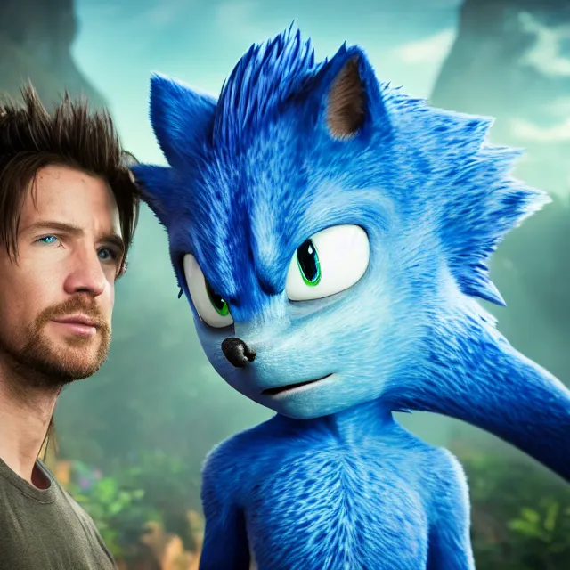 Prompt: avatar jake sully meeting sonic the hedgehog, dark cinematic, volumetric, realistic, 3 d render, cinematic lighting, ray tracing, cinematic, unreal engine 5, unreal engine render, octane render, hyper realistic, photo, 8 k