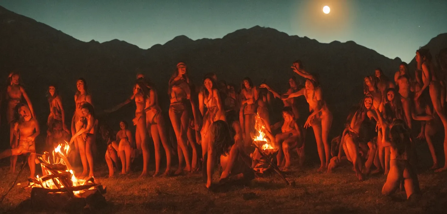 Image similar to a very high resolution historical image. a giant full moon in the mountains while young women writhe in their bonds in the firelight as the satanic ritual continues, 2 4 mm, photorealistic, photography, night directed by wes anderson