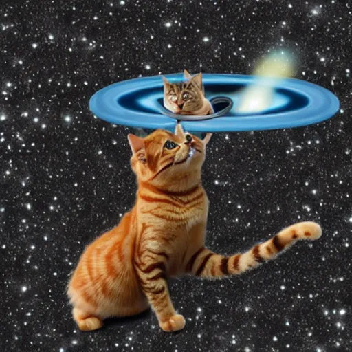 Image similar to cat surfing a black hole while playing the trombone