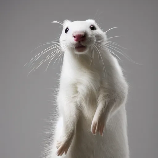 Image similar to singular animal that is white cat cross white rabbit cross white ferret, studio photography