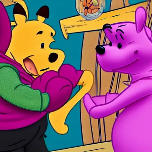 Prompt: Winnie the Pooh and Pink Panther in a strip club