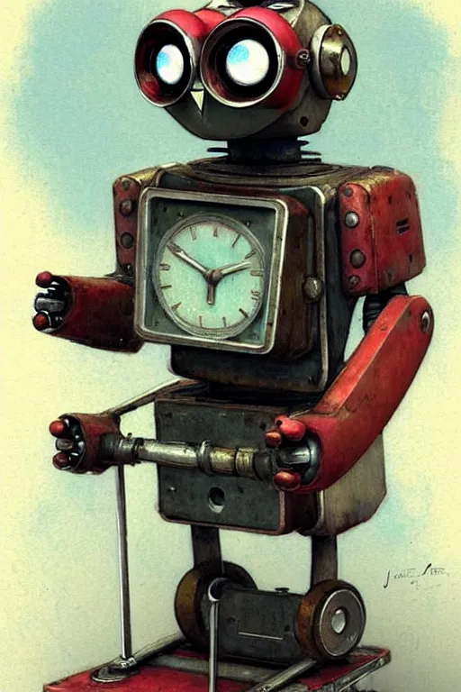 Image similar to adventurer ( ( ( ( ( 1 9 5 0 s retro future robot android wise old owl robot on a stand looking at the camera. muted colors. ) ) ) ) ) by jean baptiste monge!!!!!!!!!!!!!!!!!!!!!!!!! chrome red