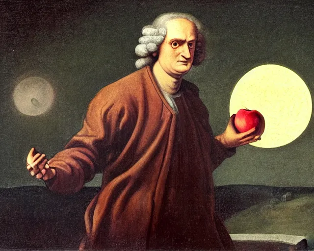 Image similar to isaac newton holding an apple in his hands and looking at the moon