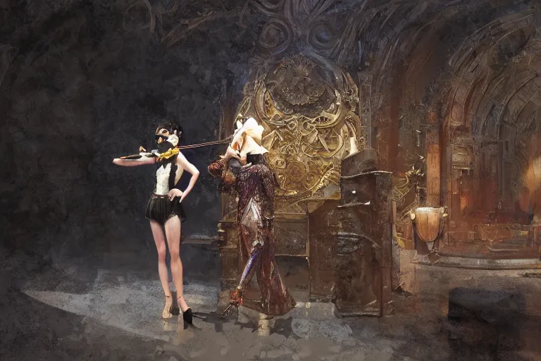 Image similar to craig mullins and ghibli digital art of on the stage of the theater, a masked female violinist performs alone, dressed in exotic costumes, gold jewelry, and black hair realistic shading, cinematic composition, realistic render, octane render, detailed textures, photorealistic, wide shot