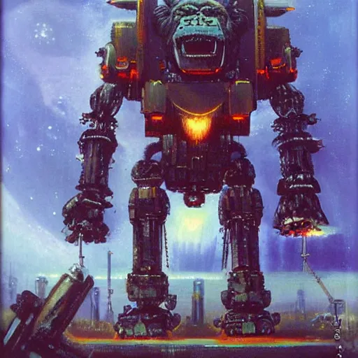 Prompt: a large anthropomorphic gorilla shaped mecha by paul lehr and moebius