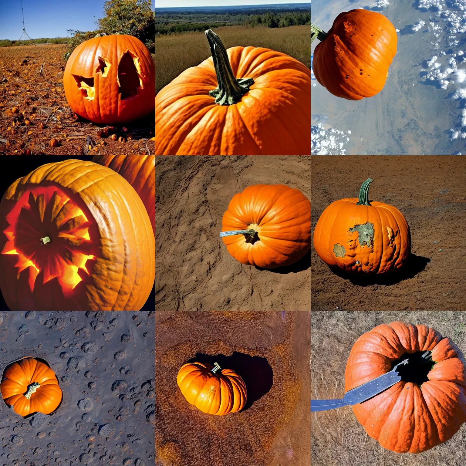 Prompt: A giant pumpkin smashes into the Earth, eliminating a 100km area, photo from space, aerial, explosion visible, pumpkin spice, delicious