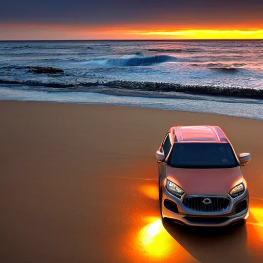 Prompt: a car chilling on the beach, sunset