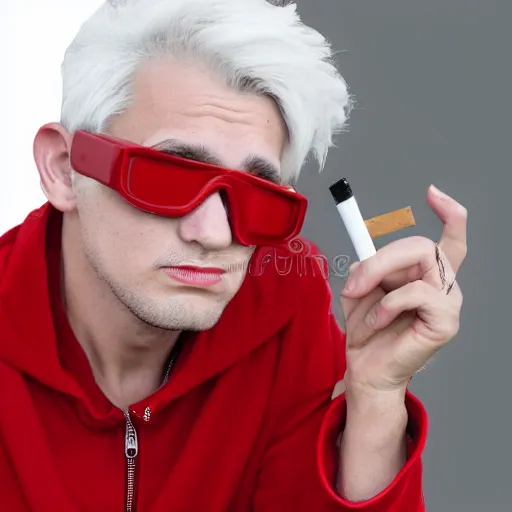 Image similar to young man in red jacket and white shirt, white hair, round goggles, smoking cigarette, character portrait, sharp focus, illustration