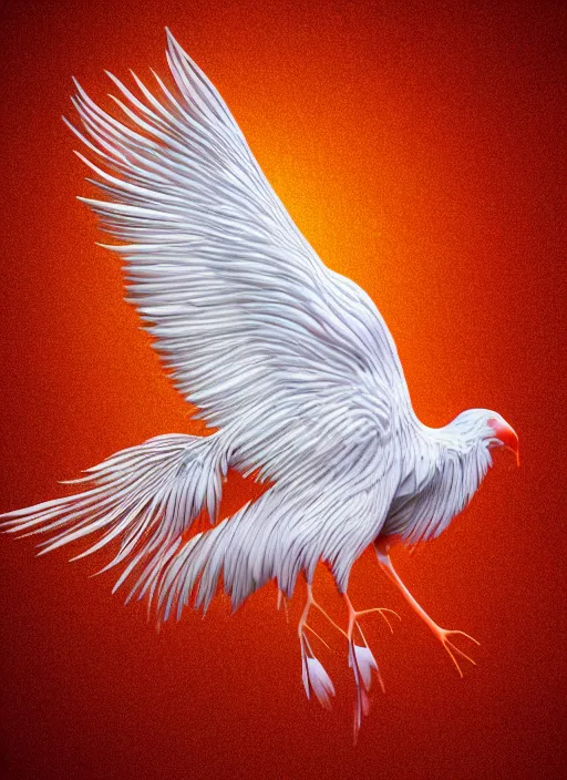 Image similar to white phoenix orange pink salt crystals sharp detail 3d render simple background sharp contrast feathers graphic design fai khadra gaika style