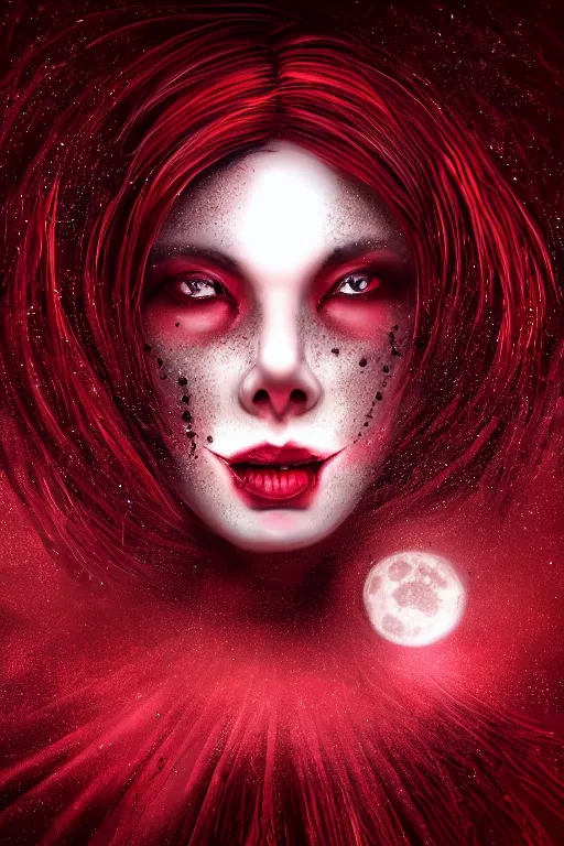 Image similar to close up portrait of a dark witch in front of the full big moon, red background, vector graphic, detailed, full HD, 4k, 8k, 1080p, HDR, CGsociety