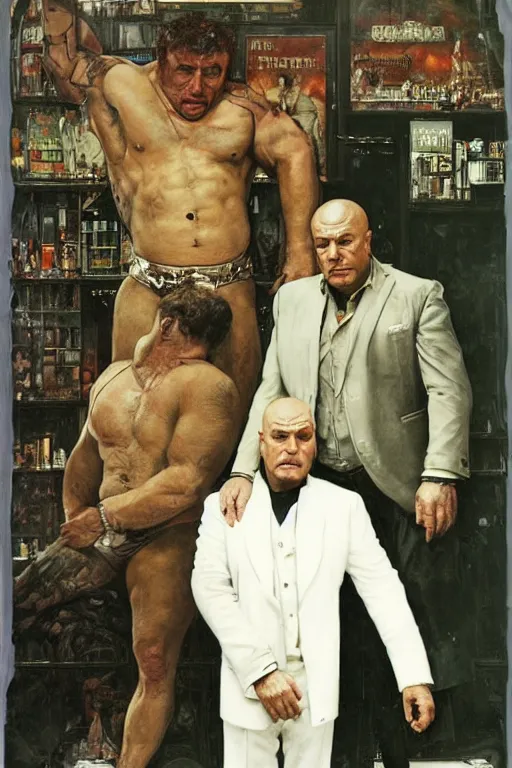 Image similar to full length portrait of morgan aste as a huge gangster wearing a white suit and spats standing beside much smaller robert deniro wearing shirt and pants, cafe in background, by lawrence alma tadema and zdzislaw beksinski and norman rockwell and jack kirby and tom lovell and greg staples