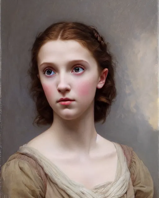 Image similar to a window - lit realistic portrait painting of a thoughtful girl resembling a young, shy, redheaded alicia vikander or millie bobby brown as an ornately dressed princess from the latest star wars movie, highly detailed, intricate, by bouguereau, alphonse mucha, and donato giancola