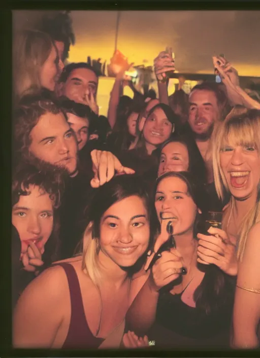 Image similar to photograph of people partying, flash polaroid, golden hour