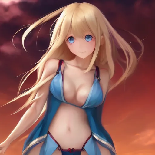 Prompt: a very beautiful young megumin, full body, long wavy blond hair, sky blue eyes, full round face,, bikini, miniskirt, front view, mid - shot, highly detailed, cinematic wallpaper by stanley artgerm lau