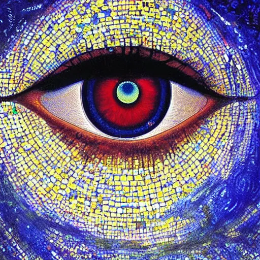 Image similar to A beautiful painting a large eye that is looking directly at the viewer. The eye is composed of a myriad of colors and patterns, and it is surrounded by smaller eyes. The smaller eyes appear to be in a state of hypnosis, and they are looking in different directions. DayGlo blue, roman mosaic by John Bauer, by Bastien Lecouffe-Deharme artificial