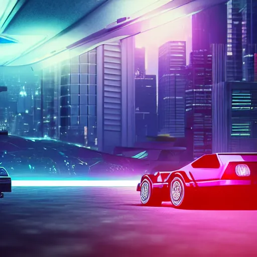 Prompt: digital art of a futuristic neon city sharp photorealistic octane render, bokeh in the background only, a in futuristic delorean hover in the foreground, deep perspective