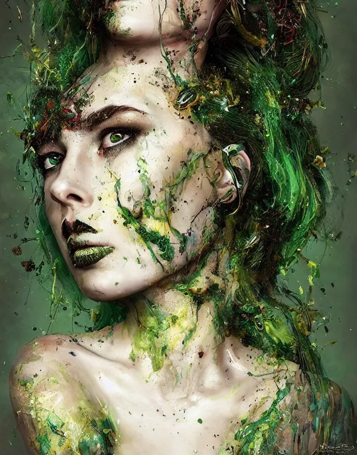 Image similar to a splatterpunk portrait of a gorgeous woman with eldritch woven hair and green and gold twigs and feathers for hair, with green glossy lips, hyperrealistic, award-winning, in the style of Tom Bagshaw, Cedric Peyravernay