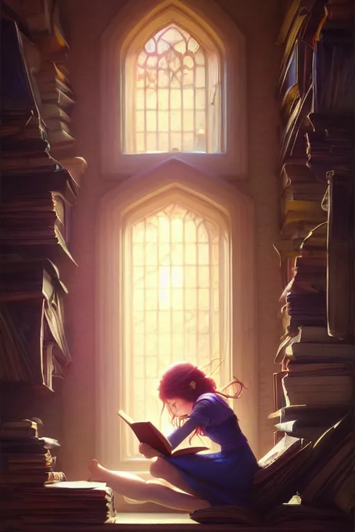 Image similar to highly detailed portrait of beautiful girl reading a book in pixar up, dynamic pose, stephen bliss, unreal engine, fantasy art by greg rutkowski, loish, rhads, ferdinand knab, makoto shinkai and lois van baarle, ilya kuvshinov, rossdraws, tom bagshaw, global illumination, radiant light, detailed and intricate environment