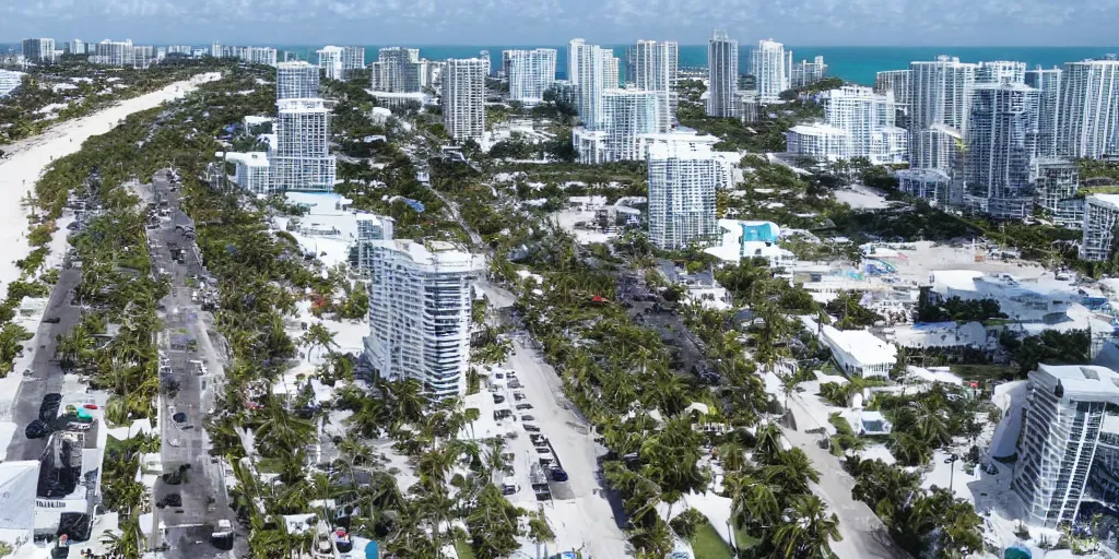 Image similar to wide - angle view of an alien invasion at the shores of miami beach.