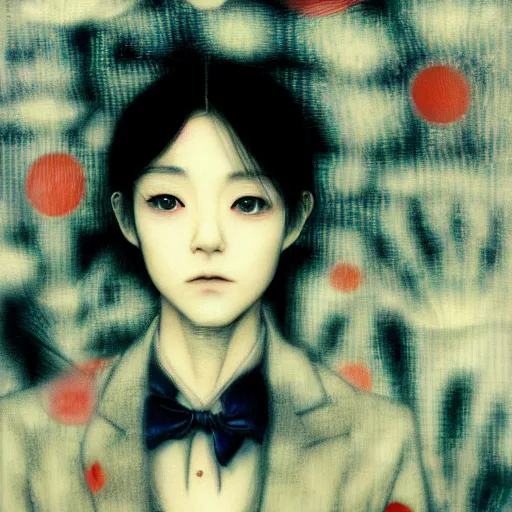 Image similar to yoshitaka amano blurred and dreamy realistic three quarter angle portrait of a young woman with short hair and black eyes wearing office suit with tie, junji ito abstract patterns in the background, shadows on the face, satoshi kon anime, noisy film grain effect, highly detailed, renaissance oil painting, weird portrait angle, blurred lost edges