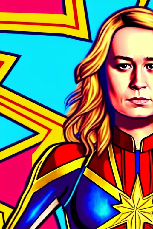 Image similar to Brie Larson as Captain Marvel high quality digital painting in the style of Lisa Frank