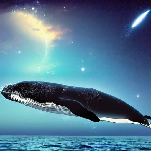 Image similar to a whale peeking above the ocean and wistfully watching a spaceship fly away, sci-fi digital art,