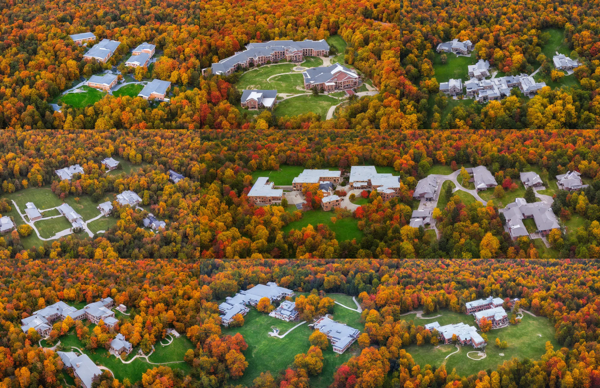 Prompt: Luxurious low angle drone shot of a beautiful ranch style School campus in the middle of the Woods during autumn Epic photography