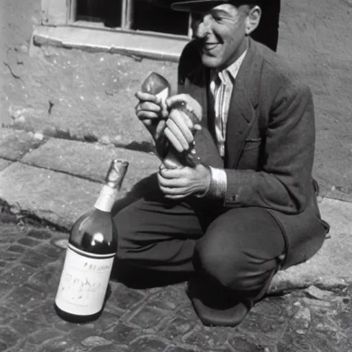 Image similar to a frenchman with a baguette and a bottle of wine in 1 9 5 0