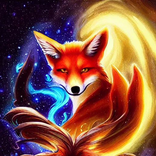 Image similar to a painted avatar portrait of an awesome cosmic powerful humanoid kitsune fox mage themed around life and death and the stars and the cosmos, in the style of dnd beyond avatar portraits, beautiful, artistic, elegant, lens flare, magical, lens flare, nature, realism, stylized, art by jeff easley