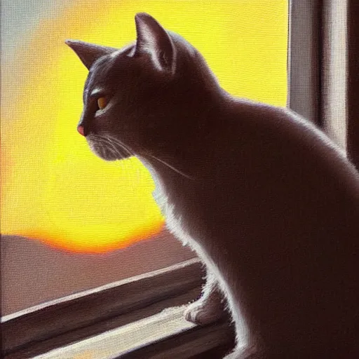 Image similar to cat smoking a cigarette by a window, dramatic sunset lighting, oil painting, award winning