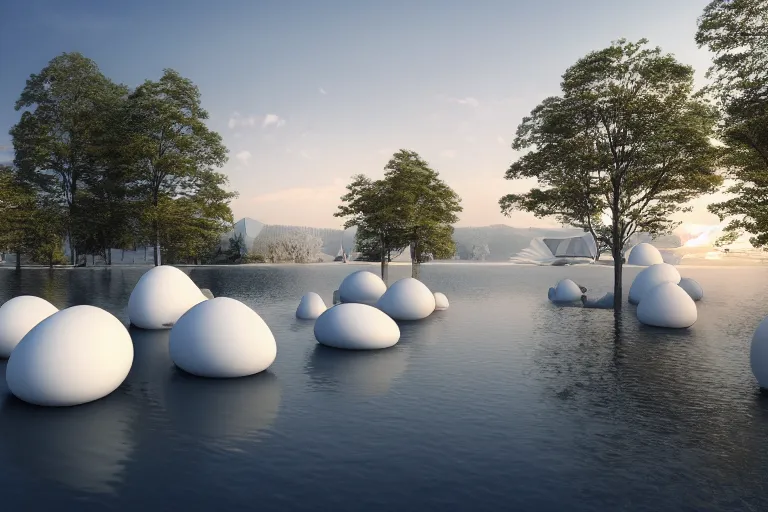 Image similar to white egg shaped bubble buildings of different sizes intersect and combine together. on the calm lake surface, people's perspective, future, interior wood, marble, award winning, highly detailed 4 k art, dusk, unreal engine highly rendered, global illumination, radial light, internal environment by kazuyo sejima