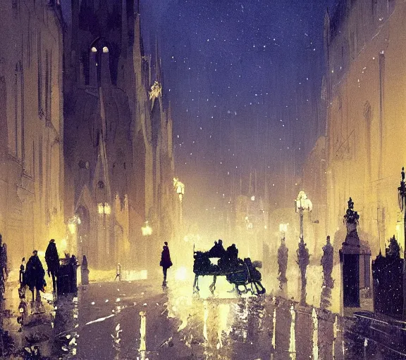 Image similar to midnight, a busy street near a cathedral by noel harry leaver, 1 8 8 9, pascal campion