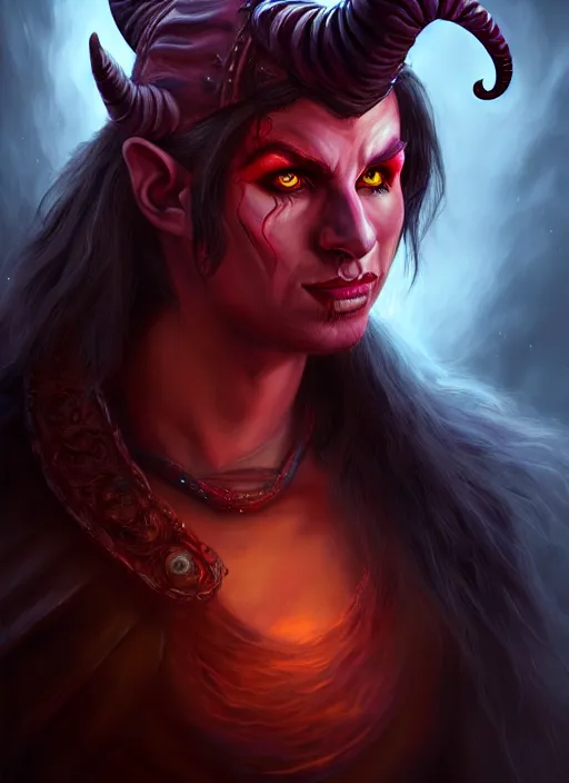 Image similar to tiefling bard, full body, hyper realistic, extremely detailed, dnd character art portrait, dark fantasy art, intricate fantasy painting, dramatic lighting, vivid colors, deviantart, artstation.