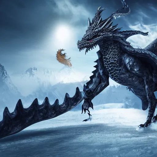 Image similar to mysterious figure with ski goggles riding a dragon made of ice, digital art, 4 k ultra hd, hyper realistic