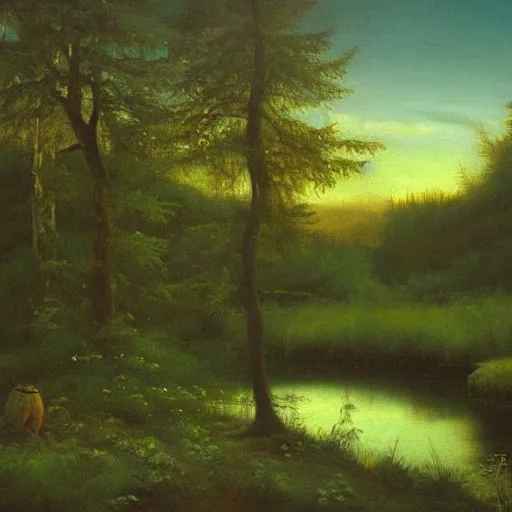 Prompt: will o'the wisp at twilight floating over a clearing in the forest next to a pond, highly detailed, oil painting