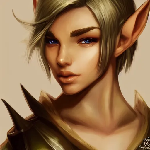 Image similar to close up headshot of a fantasy elf with short blonde hair, small ears and a flat jawline, character art, concept art, painting by Artgerm
