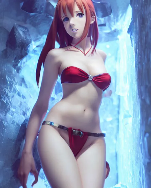 Image similar to pinup photo of asuna from sao in ice dungeon, asuna by a - 1 pictures, by greg rutkowski, gil elvgren, enoch bolles, glossy skin, pearlescent, anime, very coherent, maxim magazine, 3 d, vray, unreal 5, octave rendey, maya, cgsociety