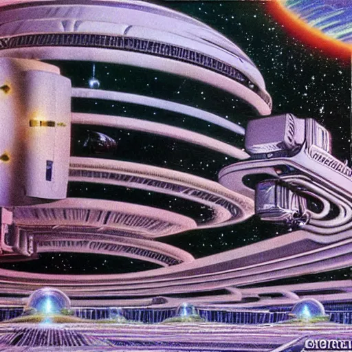 Prompt: megastructure floating in space, highly detailed 1 9 7 0 s scifi art