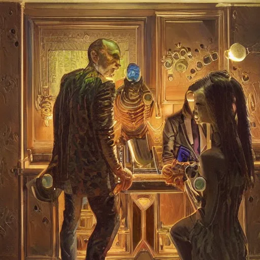 Image similar to realistic detailed modern art deco painting of weird mysterious portraits from layers of fear in the style of donato giancola sharp focus