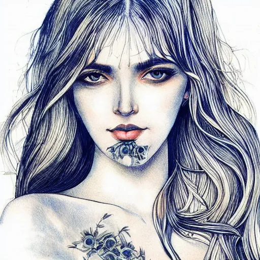 Prompt: beautiful pale blonde with giant soft dreamy liquid eyes. Fine detailed colored ink blotter art.