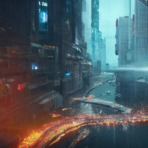 Image similar to a giant terrifying stream destroying a dystopian city, cyberpunk, sharp focus, dynamic lights, still, photograph, hyper realistic, masterpiece, octane render, rendered, 3 d, cinematic, cinematic lighting, dramatic lighting, highly detailed, intricate details, texture, cinematic composition, by donglu yu and kevin jick and eddie del rio