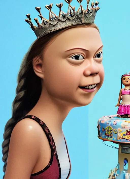 Prompt: closeup face profile portrait of tin toy greta thunberg as a bikini model princess wearing a crown eating cakes, depth of field, zeiss lens, detailed, symmetrical, centered, fashion photoshoot, by nicoletta ceccoli, mark ryden, lostfish, breathtaking, 8 k resolution, extremely detailed, beautiful, establishing shot, artistic, hyperrealistic, octane render