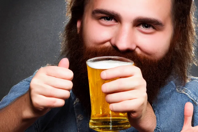 Prompt: a young man holding a beer giving a thumbs up with a long beard, airbrushed, detailed