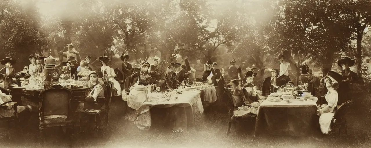 Image similar to A Victorian sepia photo of a tea party attended by Daleks.